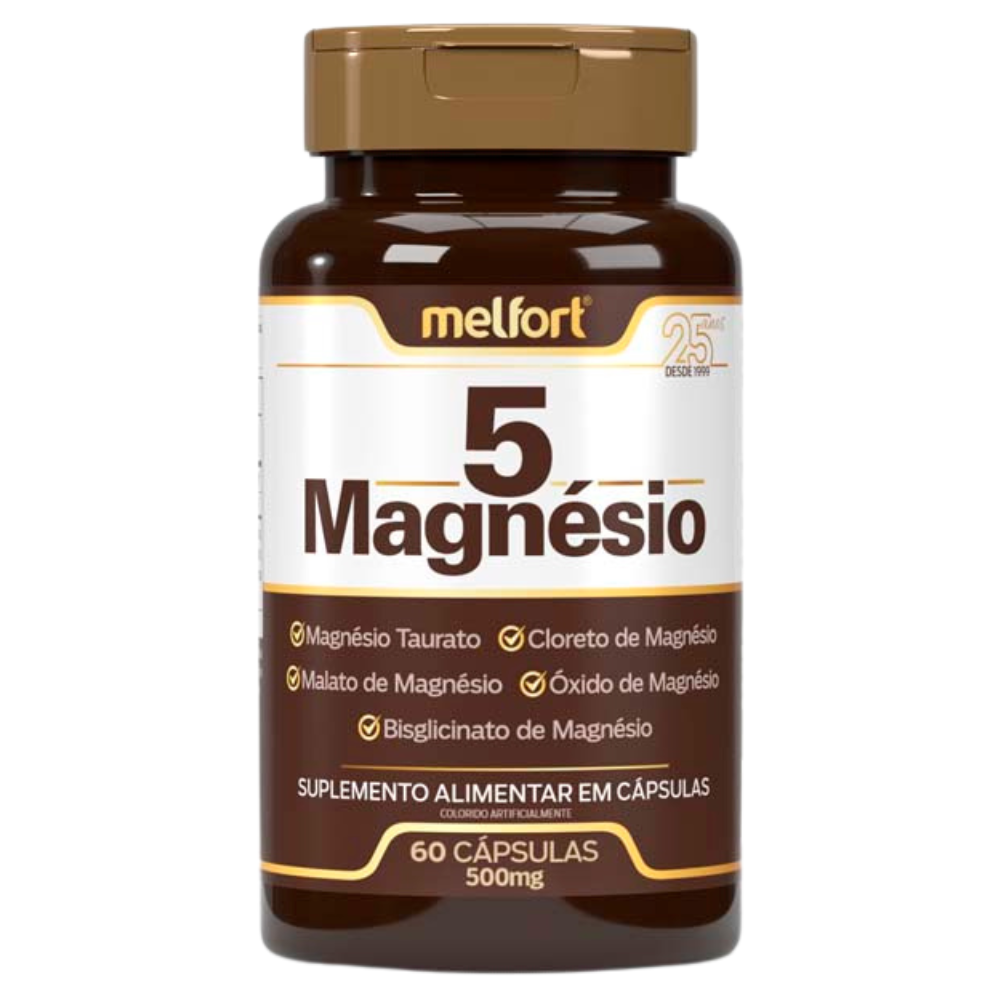 5Mg - 5 Magnesios Taurato, Cloreto, Óxido, Malato e Bisglicitano 500mg 60 cápsulas Melfort
