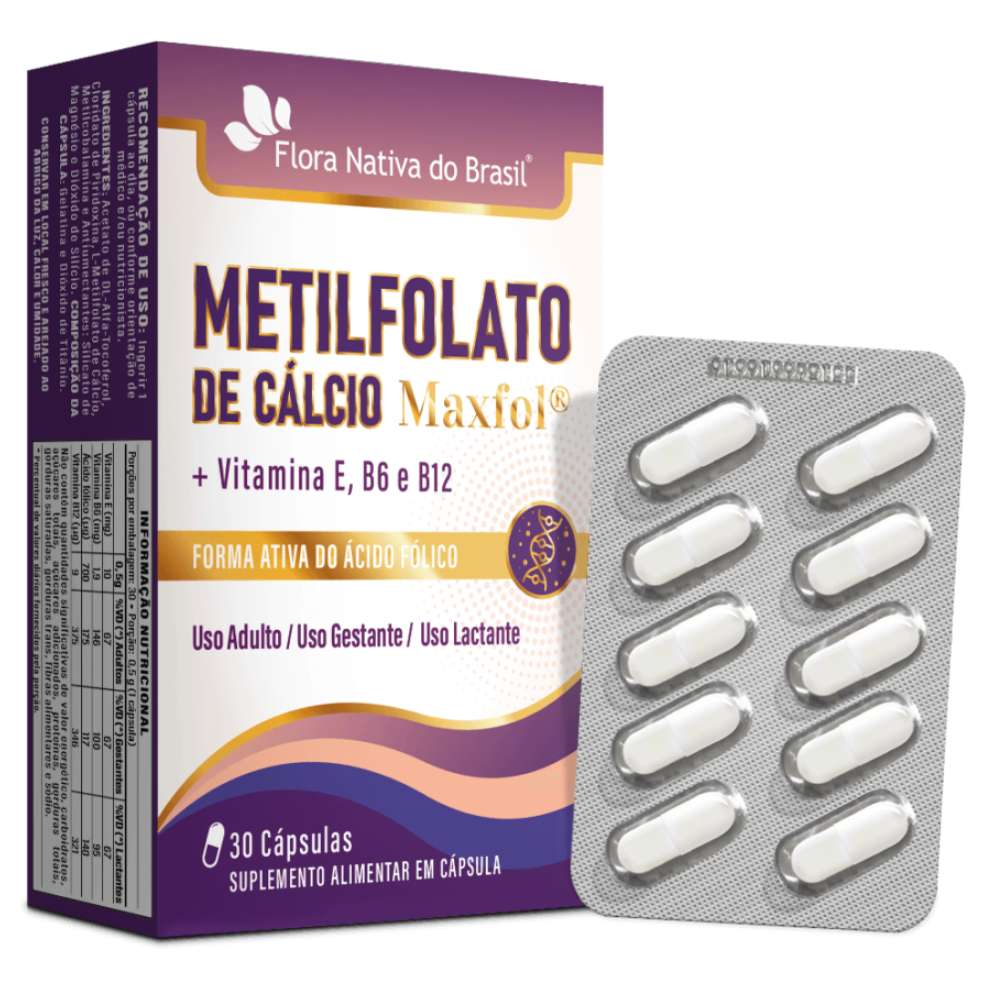 Metilfolato de Calcio - Maxfol (com vitaminas E, B6 e B12) 500mg 30 cápsulas Flora Nativa